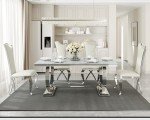 ACEDÉCOR Modern Dining Room Table with Silver Stainless Steel Metal U-Base in Grey Silver