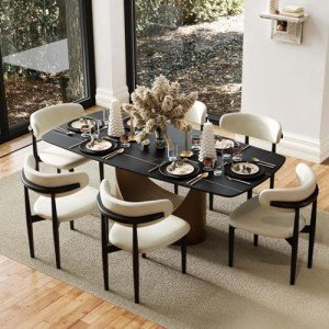 POVISON Modern Dining Table, 71 Inch Black Dining Room Table for 6, Sintered Stone Table Top, Rectangular Pedestal Dining Table with Gold Carbon Steel Base for Kitchen & Dining