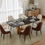 POVISON Modern Dining Table, 71 Inch Black Dining Room Table for 6, Sintered Stone Table Top, Rectangular Pedestal Dining Table with Gold Carbon Steel Base for Kitchen & Dining