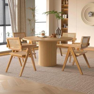 comfy to go Rattan Dining Chairs Set of 4, Wooden Armchair Cane Kitchen Chairs with Arms, Light Walnut Color