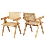 comfy to go Rattan Dining Chairs Set of 4, Wooden Armchair Cane Kitchen Chairs with Arms, Light Walnut Color