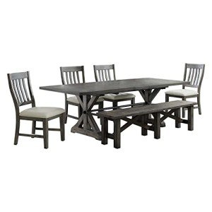 Sunset Trading Gray Trestle 6 Piece Dining Set with Bench | 96" Rectangular Extendable Table | 4 Upholstered Side Chairs | Distressed Wood | Seats 8, | 3 Size Expandable,Grey