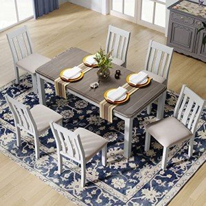 Merax Retro Style 7-Piece Dining Set, Include Extendable Table and 6 Upholstered Chairs, Brown+White(7pcs)