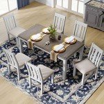 Merax Retro Style 7-Piece Dining Set, Include Extendable Table and 6 Upholstered Chairs, Brown+White(7pcs)