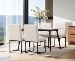 CIMOTA Modern Dining Chair Set of 4, Mid Century Linen Dining Room Chairs Fabric Padded Armless Side Chair with Metal Sled Base for Dining Room/Guest Room, Cream Ivory 4PCS
