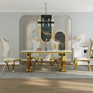 ACEDÉCOR 5 Piece Dining Table Set, White and Gold Kitchen and Dining Room Sets for 4, Gold Metal Circling Base Dining Table, White Leather Upholstered Dining Chairs with Gold Stainless Steel Legs
