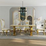 ACEDÉCOR 5 Piece Dining Table Set, White and Gold Kitchen and Dining Room Sets for 4, Gold Metal Circling Base Dining Table, White Leather Upholstered Dining Chairs with Gold Stainless Steel Legs