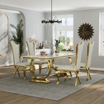 ACEDÉCOR 5 Piece Dining Table Set, White and Gold Kitchen and Dining Room Sets for 4, Gold Metal Circling Base Dining Table, White Leather Upholstered Dining Chairs with Gold Stainless Steel Legs