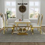 ACEDÉCOR 5 Piece Dining Table Set, White and Gold Kitchen and Dining Room Sets for 4, Gold Metal Circling Base Dining Table, White Leather Upholstered Dining Chairs with Gold Stainless Steel Legs