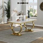 ACEDÉCOR 5 Piece Dining Table Set, White and Gold Kitchen and Dining Room Sets for 4, Gold Metal Circling Base Dining Table, White Leather Upholstered Dining Chairs with Gold Stainless Steel Legs