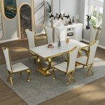 ACEDÉCOR 5 Piece Dining Table Set, White and Gold Kitchen and Dining Room Sets for 4, Gold Metal Circling Base Dining Table, White Leather Upholstered Dining Chairs with Gold Stainless Steel Legs