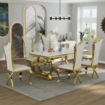 ACEDÉCOR 5 Piece Dining Table Set, White and Gold Kitchen and Dining Room Sets for 4, Gold Metal Circling Base Dining Table, White Leather Upholstered Dining Chairs with Gold Stainless Steel Legs