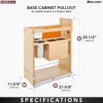 Rev-A-Shelf 448KB-BCSC-11C 11 Inch Base Pullout Kitchen Cabinet Organizer with 2 Universal Knife Blocks and Stainless Steel Utensil Storage Bin