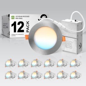 ASD 12 Pack Ultra Thin 4 Inch Brushed Nickel LED Recessed Lights, 5 CCT 2700K-5000K, 12W 50W Eqv, Dimmable Canless Ceiling Wafer Downlight with Junction Box, 893Lm High Brightness - UL Energy Star