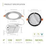 ASD 12 Pack Ultra Thin 4 Inch Brushed Nickel LED Recessed Lights, 5 CCT 2700K-5000K, 12W 50W Eqv, Dimmable Canless Ceiling Wafer Downlight with Junction Box, 893Lm High Brightness - UL Energy Star