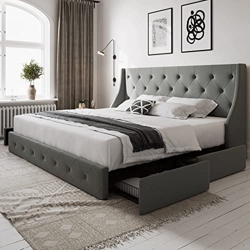 Allewie King Size Bed Frame with 4 Storage Drawers and Wingback Headboard, Button Tufted Design, No Box Spring Needed, Light Grey