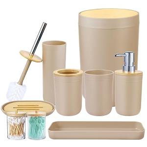 Beige Bamboo Bathroom Accessories Set - 8 Pieces