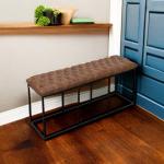 Brown Faux Leather Tufted Decorative Bench with Metal Base