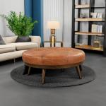 Gio Modern Leather Ottoman Pouf in Cognac Tan