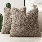 2-Pack Teddy Faux Fur Throw Pillow Covers, Khaki