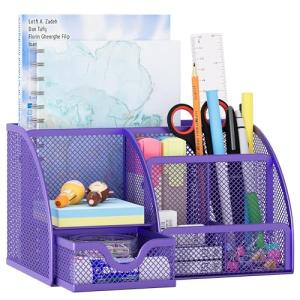 Purple Mesh Desk Organizer with 6 Compartments