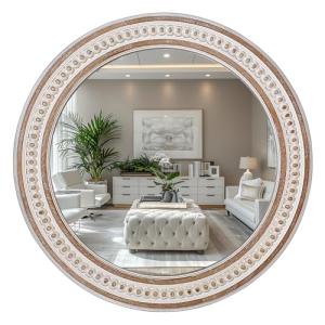 Rustic 24-Inch Round Wood Mirror with Beads