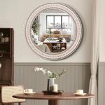 Rustic 24-Inch Round Wood Mirror with Beads
