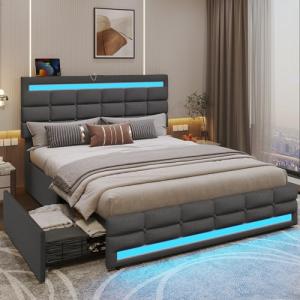 Queen LED Bed Frame with Storage and USB Charging