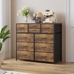 10-Drawer Rustic Brown Fabric Dresser with Steel Frame