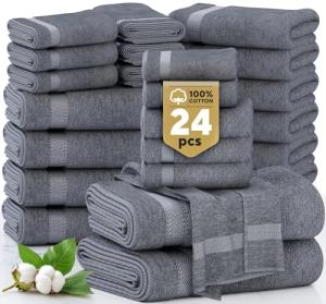 24-Piece Cotton Bath Towel Set in Cool Grey