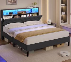 Queen Bed Frame with LED Headboard and Storage