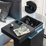 Modern Black Nightstand with Charging Station and LED