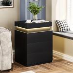 Modern Black Nightstand with Charging Station and LED