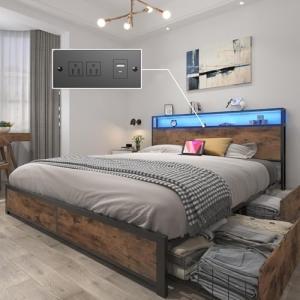 Queen Bed Frame with Storage Headboard & Charging Station