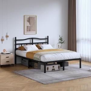 King Size Metal Bed Frame with Headboard - Black