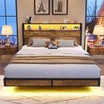 Queen Size Bed Frame with Storage Headboard & LED Lights