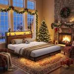 Queen Size Bed Frame with Storage Headboard & LED Lights