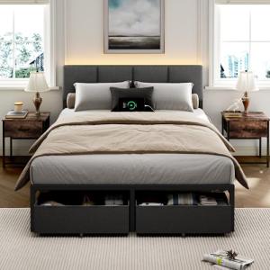 Full Size Upholstered Bed Frame with LED Lights