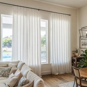 Beige and White Textured Linen Pinch Pleat Curtains