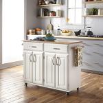 Off-White Mobile Kitchen Island Cart with Wood Top