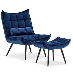 Blue Velvet Accent Chair with Ottoman