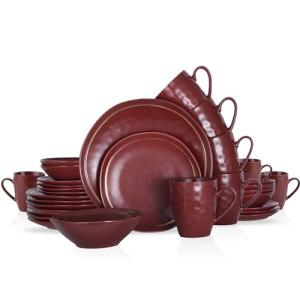 Clara 32-Piece Burgundy Porcelain Dinnerware Set