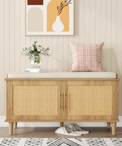 Rattan Shoe Storage Bench with Cushion and Doors