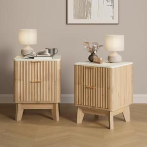 Set of 2 Modern Marble-Look Nightstands with Charging