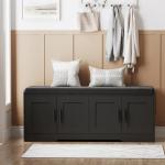 2-Tier Black Storage Bench with Padded Seat