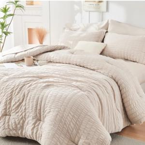 Beige King Size 7-Piece Seersucker Comforter Set