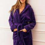 Plush Fleece Hooded Bathrobe with Pockets - Purple