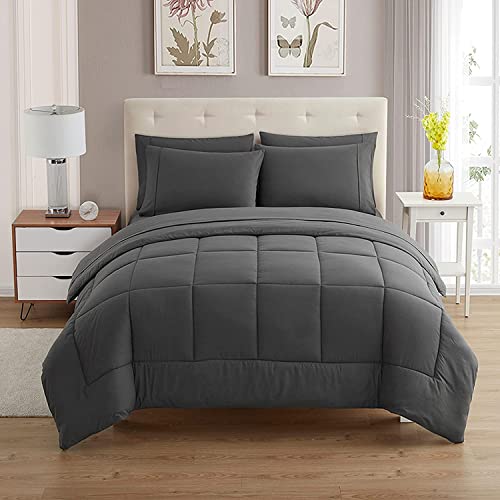 Sweet Home Collection 8 Piece Comforter Set Bag Solid Color All Season Soft Down Alternative Blanket & Luxurious Microfiber Bed Sheets, Gray, Queen