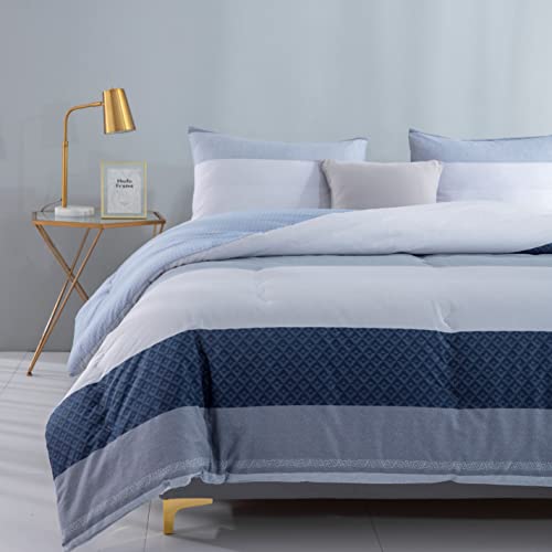SLEEPBELLA Comforter King Size, 600 Thread Count Cotton Baby Blue and Navy Striped Patchwork Reversible Pattern Reversible Blue Comforter Set,Down Alternative Bedding Set 3Pcs (King, Blue Patchwork)