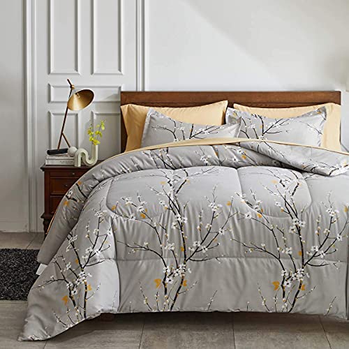 Gray Comforter Sheet Set Bed in a Bag 7 Pieces Queen Size Tree Branch Bloom Flower Microfiber Spring Bedding Set (1 Comforter 2 Pillow Shams 1 Tan Flat Sheet 1 Fitted Sheet 2 Pillowcases)